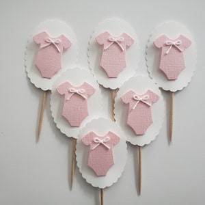 Baby Outfit Cupcake Toppers Pink and White Girl Baby Shower Decorations Gender Reveal Decorations Set of 6 image 2