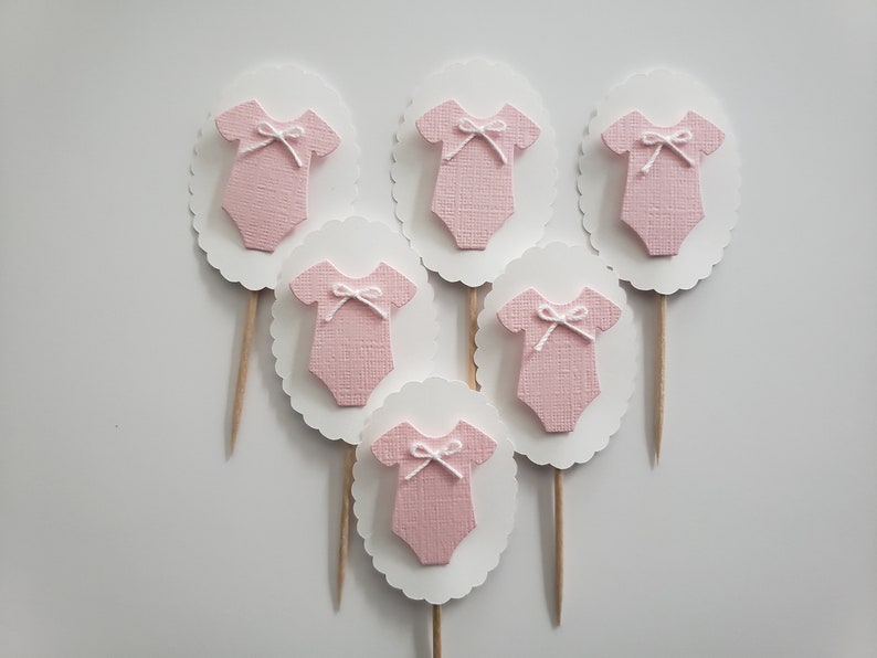 Baby Outfit Cupcake Toppers Pink and White Girl Baby Shower Decorations Gender Reveal Decorations Set of 6 image 2