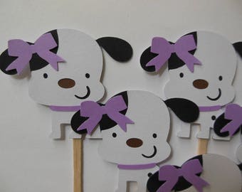 Puppy Dog Cupcake Toppers - White and Black - Girl Birthday Party Decorations - Girl Baby Showers - Set of 6