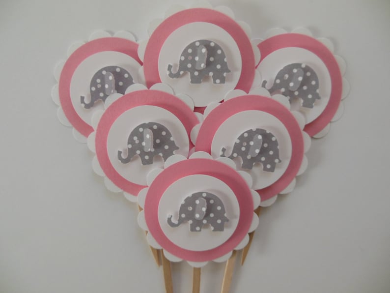 Girl Birthday Parties Girl Baby Showers Elephant Cupcake Toppers Pink and White with Gray Polka Dot Elephants Set of 6