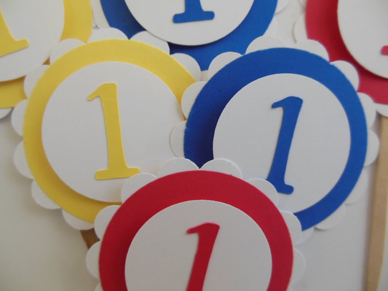 Yellow and Blue 1st Birthday Cupcake Toppers Gender Neutral Red Child Birthday Party Decorations Set of 6