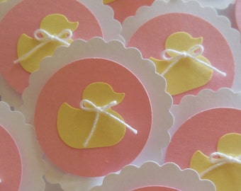 Duck Cupcake Toppers - Pink, Yellow and White - Girl Baby Shower Decorations - Girl Birthday Decorations - Gender Reveal Party - Set of 12