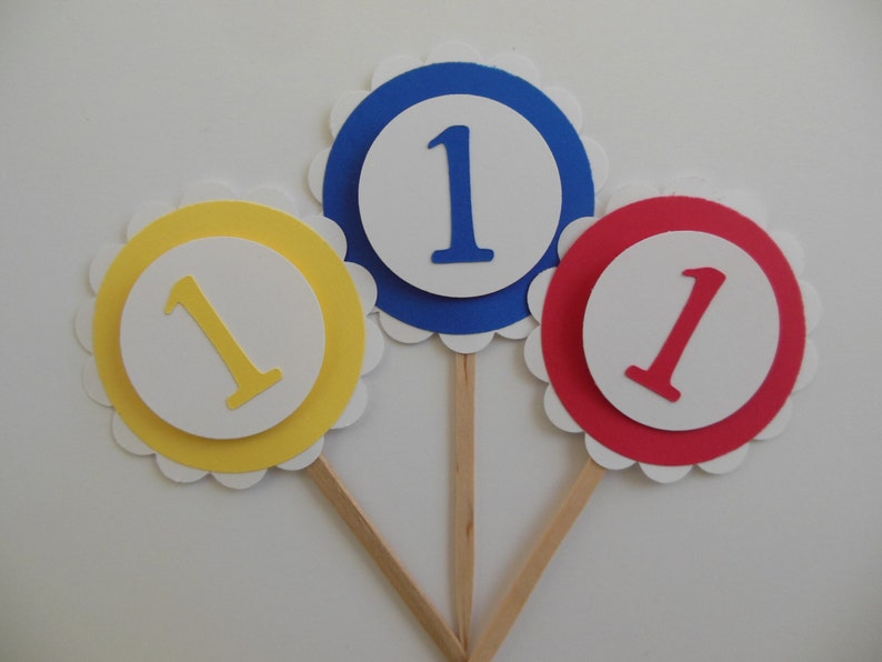 Yellow and Blue 1st Birthday Cupcake Toppers Gender Neutral Red Child Birthday Party Decorations Set of 6