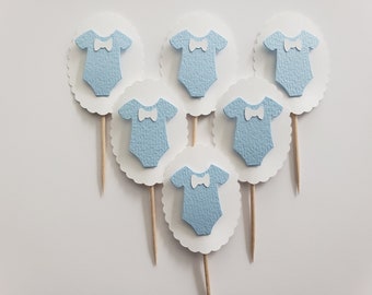 Baby Outfit Cupcake Toppers - Blue and White - Boy Baby Shower Decorations - Gender Reveal Decorations - Set of 6