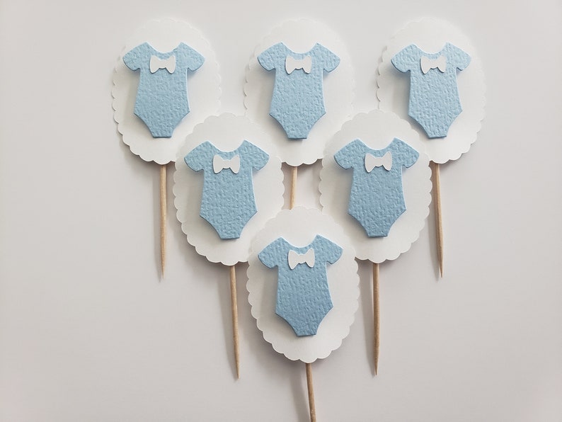 Baby Outfit Cupcake Toppers Blue and White Boy Baby Shower Decorations Gender Reveal Decorations Set of 6 image 1