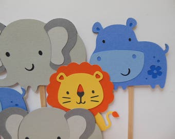 Safari or Zoo Animal Cupcake Toppers - Elephants, Lions and Hipppos - Birthday Decorations - Gender Neutral - Baby Showers - Set of 6