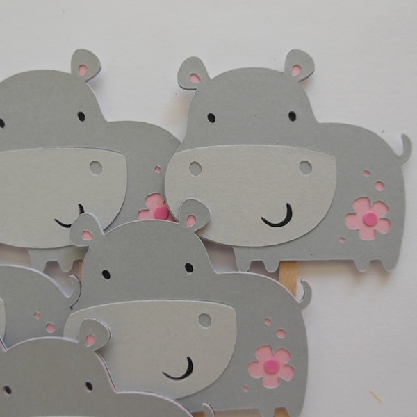 Hippo Cupcake Toppers - Zoo Animal Decorations - Gray and Pink Hippos - Girl Birthday Decorations - Girl Baby Showers - Set of 6