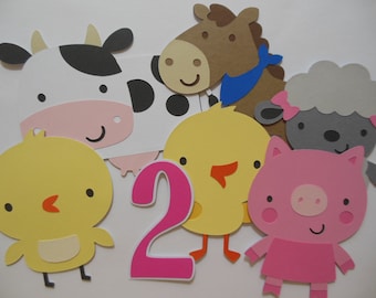 Farm Animal Cutouts with Number - Chick, Cow, Horse, Lamb, Pig and Duckling - Birthday Party Decoration - Baby Shower Decorations - Set of 6