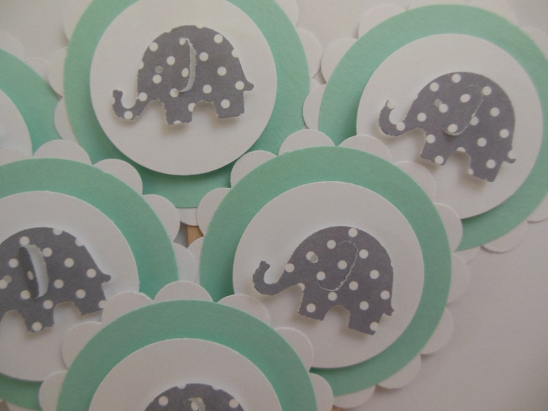 Elephant Cupcake Toppers Mint Green With Gray Polka Dot Etsy