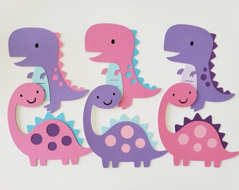 Dinosaur Cutouts - Pink, Purple and Aqua - Birthday Party Decoration - Set of 6