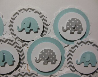 Elephant Cupcake Toppers - Blue,Gray and White - Chevron - Polka Dots - Boy Baby Shower Decorations - Boy Birthday Parties - Set of 12