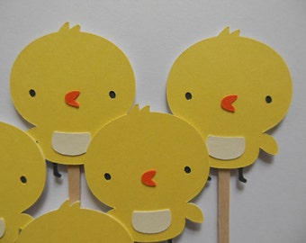 Chick Cupcake Toppers - Yellow - Child Birthday Party Decorations - Gender Neutral Baby Showers - Set of 6