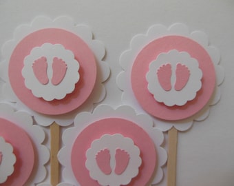 Baby Footprint Cupcake Toppers - Pink and White - Girl Baby Shower Decorations - Gender Reveal Party - Set of 6