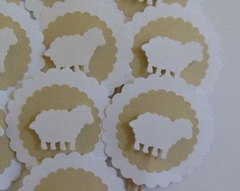 Sheep Cupcake Toppers - Tan and White - Gender Neutral - Baby Shower Decorations - Birthday Parties - Baptisms - Set of 12