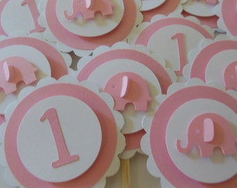 1st Birthday Elephant Cupcake Toppers - Pink and White - Girl Birthday Party Decorations - Set of 12