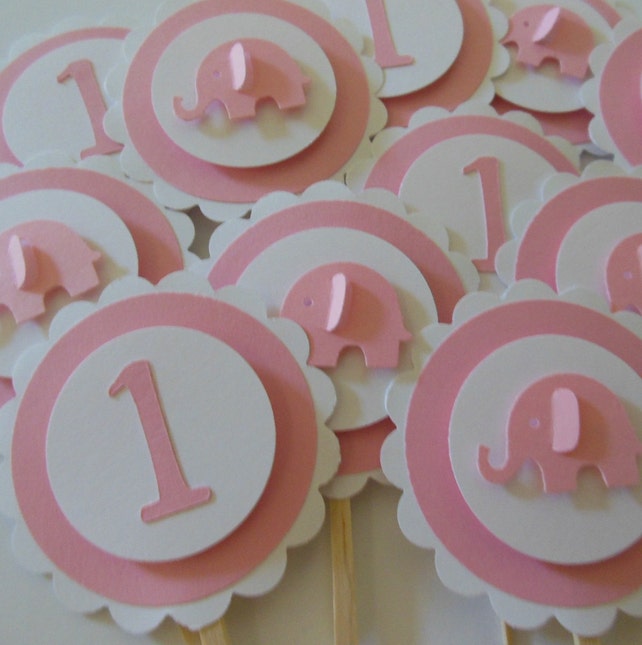 1st Birthday Elephant Cupcake Toppers Pink And White Girl