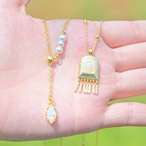 Dainty White Opal Necklace, Sunburst Fringe Opal Necklace, Pearl Drop Opal Necklace, Gold Opal Pendant, Boho Minimalist Jewelry for Gift