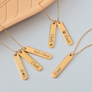Personalized Vertical Bar Necklace, Custom Name Bar Necklace, Gold Multiple Name Tag Necklace, Family Name Necklace, Custom Gift For Her