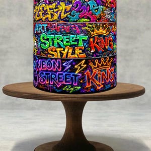 Peut inclure: Un objet cylindrique avec de l'art graffiti, avec des couleurs vives et les mots "ART STREET STYLE" et "NEON STREET KING". Il est présenté sur un petit présentoir à gâteau rond en bois. Le design graffiti comprend diverses couleurs et styles.