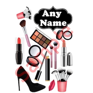 Könnte beinhalten: Illustration mit Make-up-Produkten, darunter Lippenstift, Lidschatten, Rouge, Mascara und Make-up-Pinsel. Ein schwarzer High Heel und rote Lippen sind ebenfalls abgebildet. Der Text "Any Name" befindet sich in einem schwarzen Rahmen.