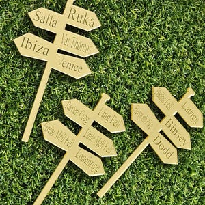 Puede incluir: Señales direccionales doradas con nombres de lugares grabados, como Ibiza, Venecia y Ruka. Las señales están dispuestas sobre una superficie verde texturizada, lo que sugiere un uso al aire libre o decorativo. Fabricadas con un material brillante y reflectante.