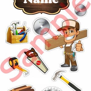 May include: A cartoon illustration featuring a carpenter with tools and a wooden sign that says "Name". The image includes a toolbox, saw blades, a tape measure, a hammer, a hand saw, and a stack of logs.