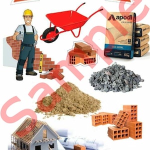 Op de afbeelding: Een illustratie met bouwelementen. Een bouwvakker geeft een duim omhoog naast een bakstenen muur. Een rode kruiwagen, bakstenen, cementzakken, zand en een huis in aanbouw zijn ook afgebeeld. De banner bovenaan luidt "NAME".