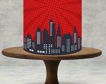 Superhero Red Night City Skyline Edible Cake Topper | Wafer Paper or Icing Sheet | Comic Style Edible Print | Kids Birthday Cake Decor!067