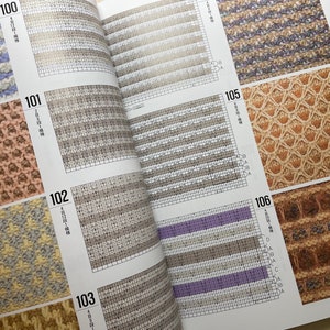 Może przedstawiać: Książka ze wzorami na dzianie, przedstawiająca r&oacute;żne wzory ścieg&oacute;w w r&oacute;żnych kolorach. Książka jest otwarta na stronach 100-106, na każdej stronie znajduje się inny wz&oacute;r ściegu.