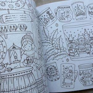 May include: Black and white illustration of a coloring book page featuring a winter scene. The page includes a girl holding a mug, a shelf with mugs, and various mugs with holiday designs, including a snowman, Christmas trees, and a church.