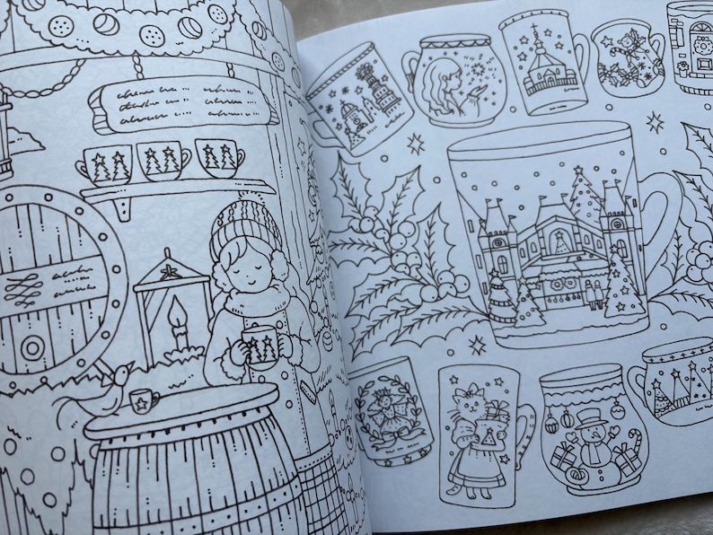 May include: Black and white illustration of a coloring book page featuring a winter scene. The page includes a girl holding a mug, a shelf with mugs, and various mugs with holiday designs, including a snowman, Christmas trees, and a church.