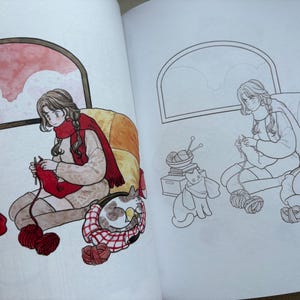 May include: A colouring book page featuring two side-by-side illustrations of a person knitting in a chair by a window. One side is fully coloured in warm tones with red accents, while the other side is a black and white line art outline.