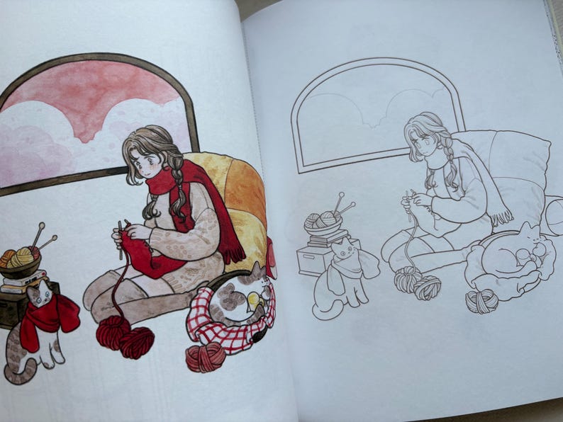 May include: A colouring book page featuring two side-by-side illustrations of a person knitting in a chair by a window. One side is fully coloured in warm tones with red accents, while the other side is a black and white line art outline.