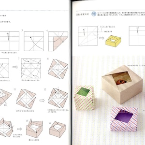 May include: A step-by-step guide on how to fold an origami box with a decorative edge. The instructions are in Japanese and include diagrams showing the folding process. The finished box is shown in various colors and patterns.
