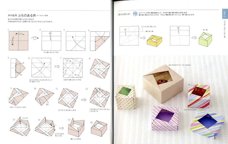 May include: A step-by-step guide on how to fold an origami box with a decorative edge. The instructions are in Japanese and include diagrams showing the folding process. The finished box is shown in various colors and patterns.