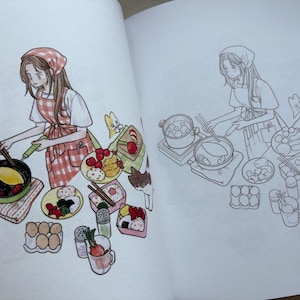 May include: An open colouring book page featuring a coloured illustration on the left and a matching line art version on the right. Both sides depict a person wearing a red chequered apron and headscarf, cooking food with various bento boxes and ingredients.