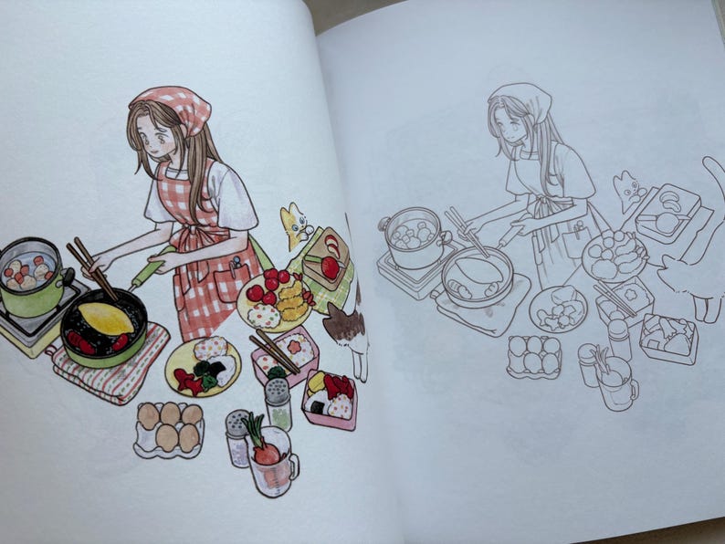 May include: An open colouring book page featuring a coloured illustration on the left and a matching line art version on the right. Both sides depict a person wearing a red chequered apron and headscarf, cooking food with various bento boxes and ingredients.