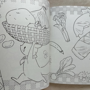 May include: Black and white illustration of a cartoon character carrying a basket of vegetables, including a potato and onion. Other vegetables like asparagus, beans, and a radish are also depicted. The image is from a coloring book.
