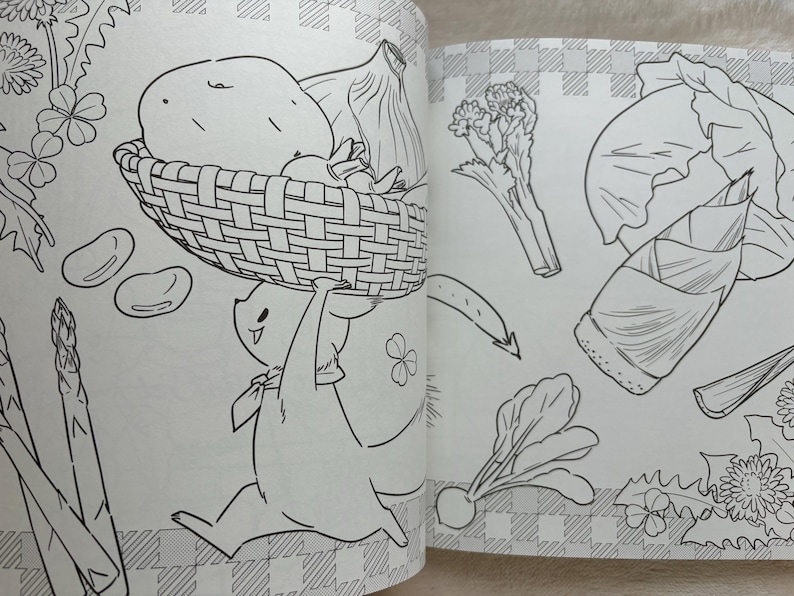May include: Black and white illustration of a cartoon character carrying a basket of vegetables, including a potato and onion. Other vegetables like asparagus, beans, and a radish are also depicted. The image is from a coloring book.