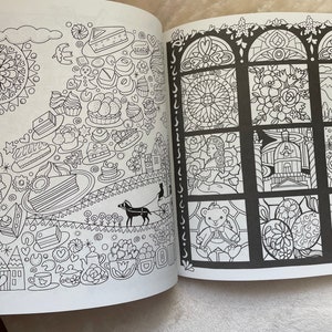 May include: A black and white coloring book page with a variety of images, including a castle, a carousel, a teacup, a cake, and a window with stained glass. The page is divided into two sections, with the left side featuring a more whimsical design and the right side featuring a more traditional design.