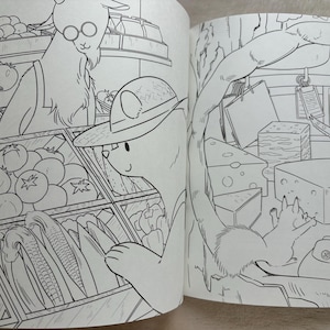 May include: Black and white illustration of a coloring book page featuring anthropomorphic animals in a grocery store. A bear wearing a hat shops for produce, while other animals interact with cheese and other items.