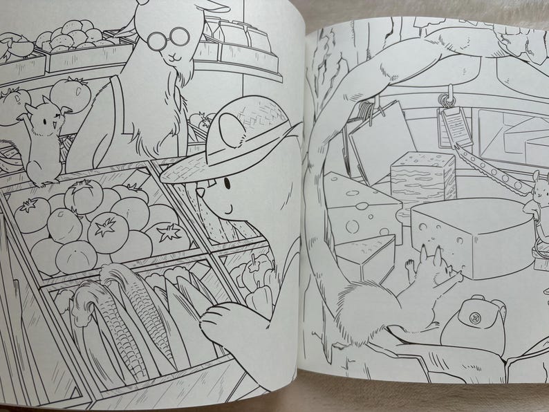 May include: Black and white illustration of a coloring book page featuring anthropomorphic animals in a grocery store. A bear wearing a hat shops for produce, while other animals interact with cheese and other items.