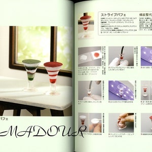May include: A step-by-step guide on how to make a layered dessert called a "stripe parfait" using resin. The image shows the process of mixing resin, adding color, and layering the resin in a clear glass. The final product is a red and white striped parfait.
