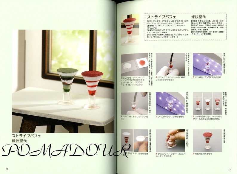 May include: A step-by-step guide on how to make a layered dessert called a "stripe parfait" using resin. The image shows the process of mixing resin, adding color, and layering the resin in a clear glass. The final product is a red and white striped parfait.