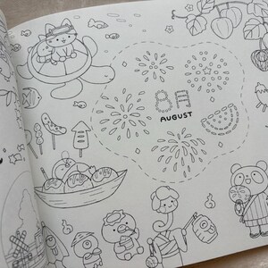 May include: A black and white illustration of a colouring book page featuring summer-themed drawings. The page includes drawings of a cat in a life preserver on a turtle, fireworks, and the text "August". Other drawings include food and cartoon characters.