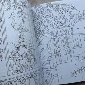 May include: An open coloring book featuring detailed black and white illustrations. One page displays a decorative design with a bird, a crane, and floral elements. The other page shows a cityscape with domed buildings and arches.