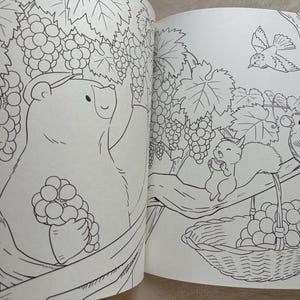 May include: Black and white illustration of a coloring book page featuring a bear, squirrel, and bird. The bear is reaching for grapes, while the squirrel eats grapes. A bird is perched on a branch, and a basket of grapes is in the foreground.
