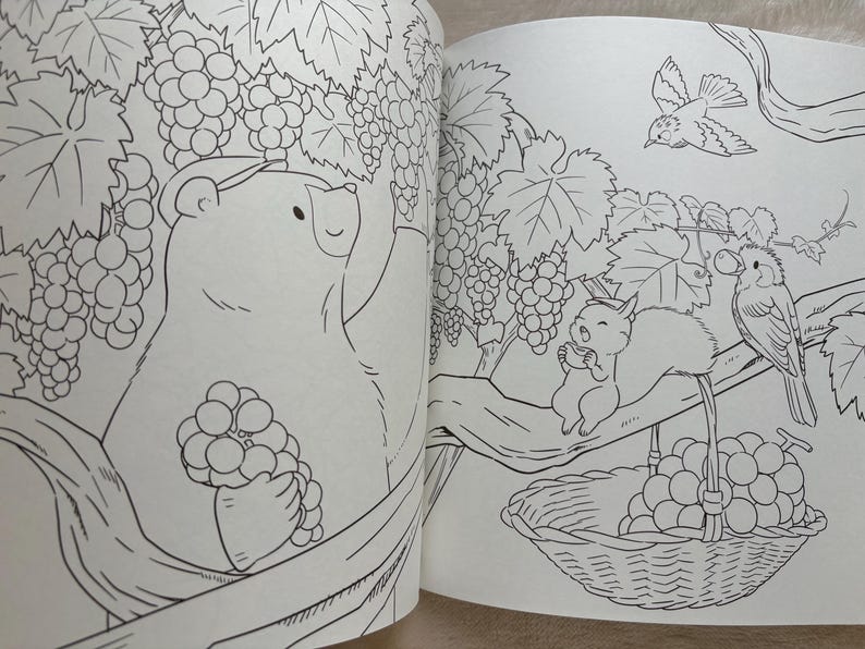 May include: Black and white illustration of a coloring book page featuring a bear, squirrel, and bird. The bear is reaching for grapes, while the squirrel eats grapes. A bird is perched on a branch, and a basket of grapes is in the foreground.