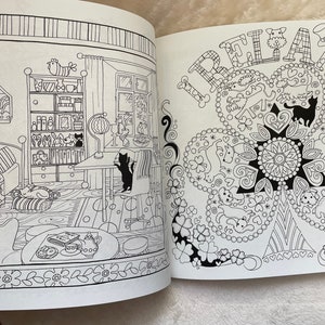 May include: A black and white coloring book page with a detailed illustration of a shamrock with the word "IRELAND" written around it. The other page shows a black and white illustration of a room with a cat, furniture, and a window.