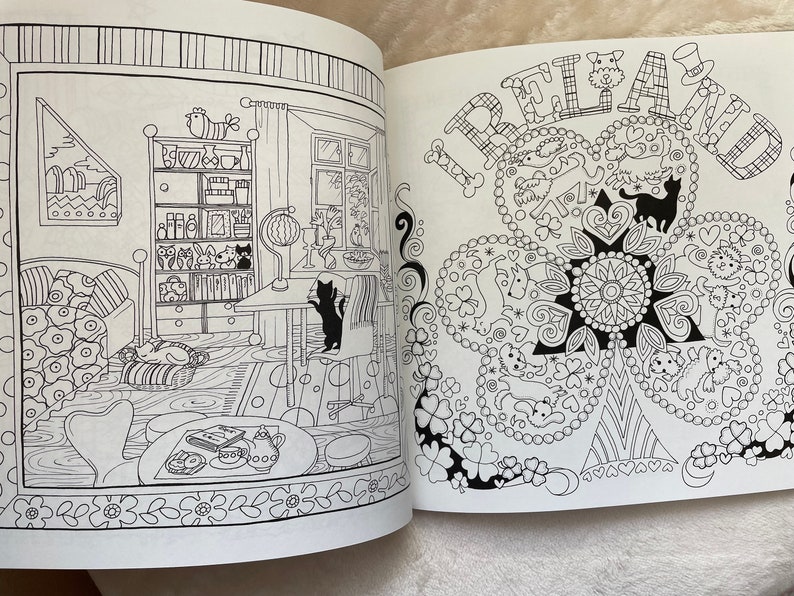 May include: A black and white coloring book page with a detailed illustration of a shamrock with the word "IRELAND" written around it. The other page shows a black and white illustration of a room with a cat, furniture, and a window.